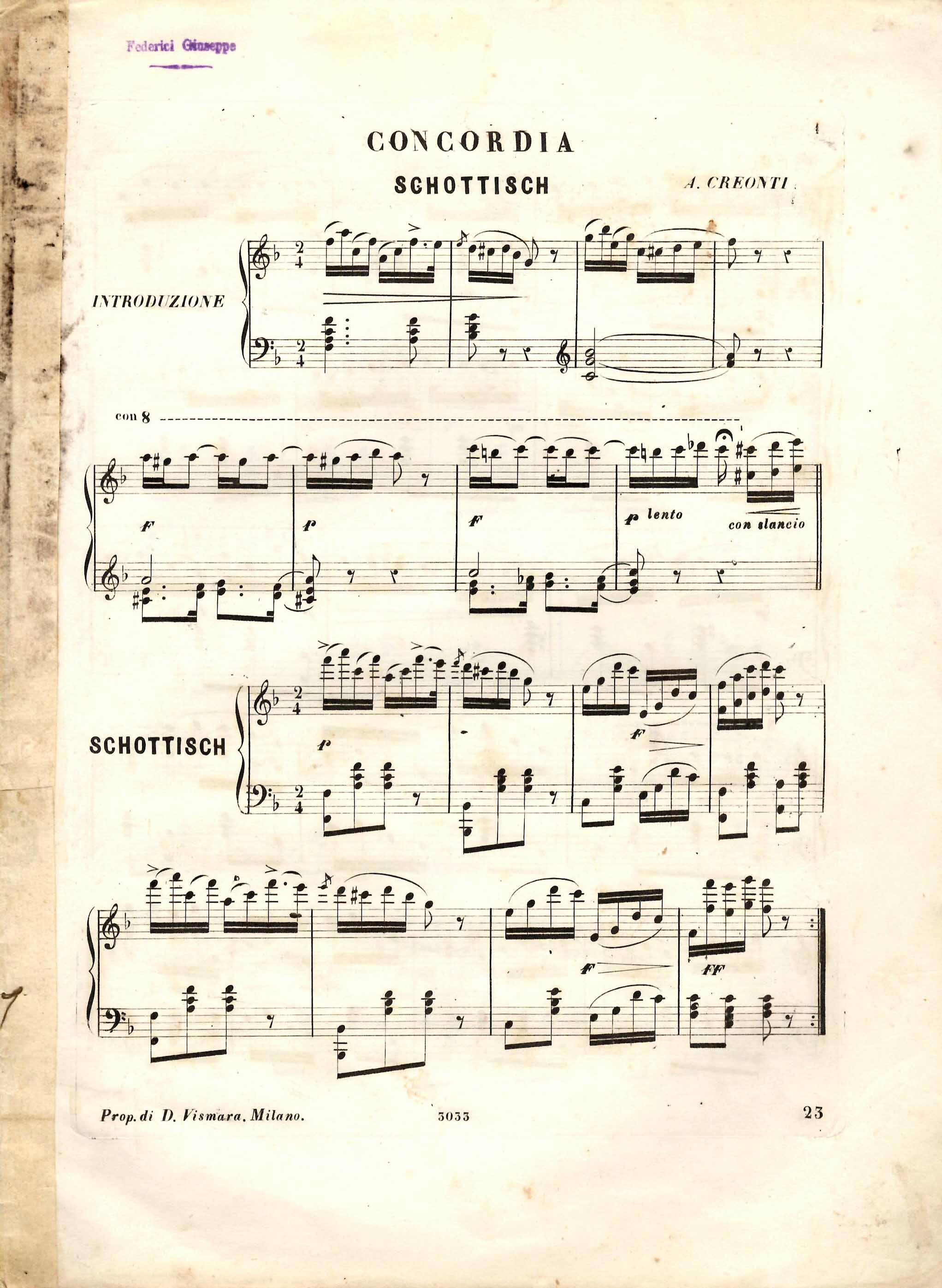 Album da ballo. Raccolta di Danze per Pianoforte: Concordia (schottsch), Vittoria (mazurka), Gloria (polka), Pace (mazurka), Il Bersagliere (galop)